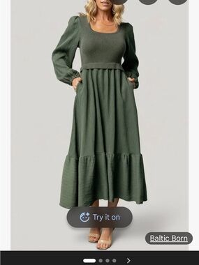 Baltic Born Olive Green Long Puff Sleeve Maxi Dress with Pockets